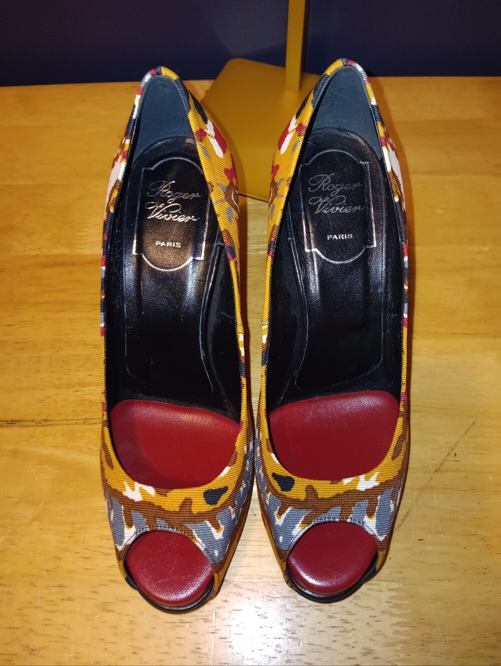 Roger Vivier Yellow Multi-Color Peep Toe Pumps with Red Inset